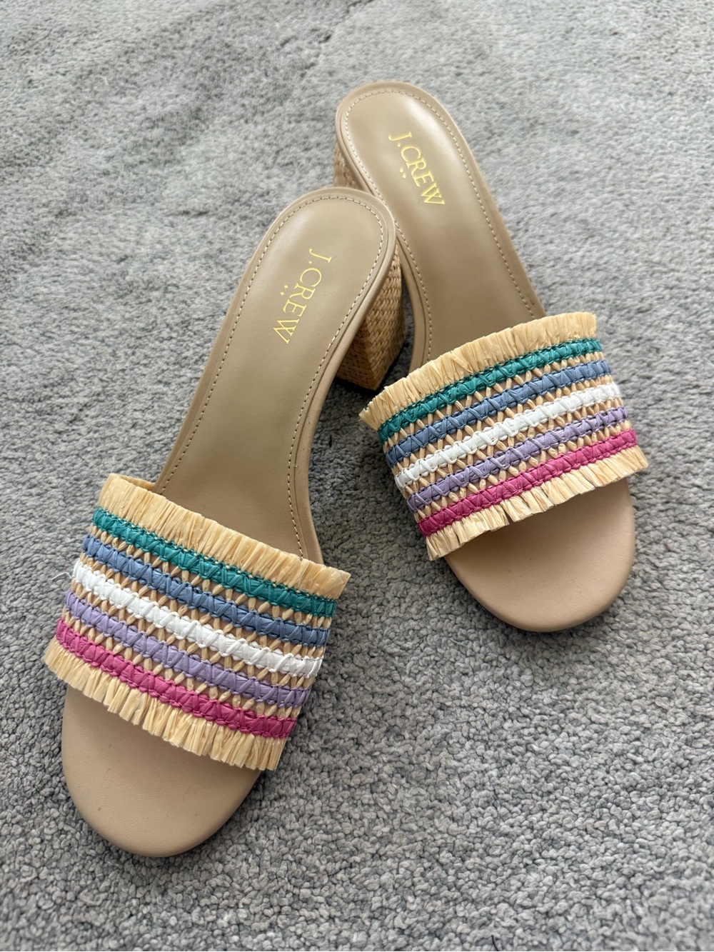 J. Crew Multicolor Raffia Slide Mules with Beige Footbed